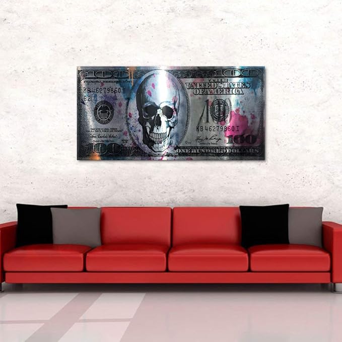 Yatsen Bridge Retro Skull Dollar Bill Canvas Art Print, 48" W x 24" H, Framed, Green, Black, Wood Frame, Waterproof, Landscape, Glossy Finish, Perfect for Living Room, Bedroom, Kitchen, Office, Bar