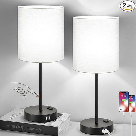 Lynnoland 𝟮𝟬𝟮𝟯 𝗡𝗘𝗪 Set of 2 Touch Control Table Lamps with 2 USB & AC Outlet, 3-Way Dimmable Bedside Nightstand Lamps for Bedroom Living Room Nursery, 800 Lumens 5000K Daylight Bulbs Included