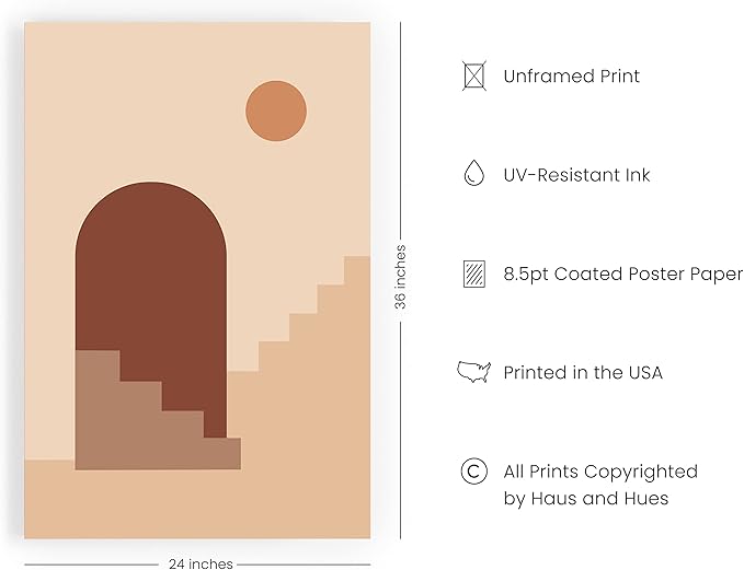 HAUS AND HUES Boho Art Prints Minimalist Decor - Boho Wall Art Mid Century Modern Decor, Minimalist Wall Art, Modern Art Wall Prints, Sun and Two Staircases (Unframed, 24x36)