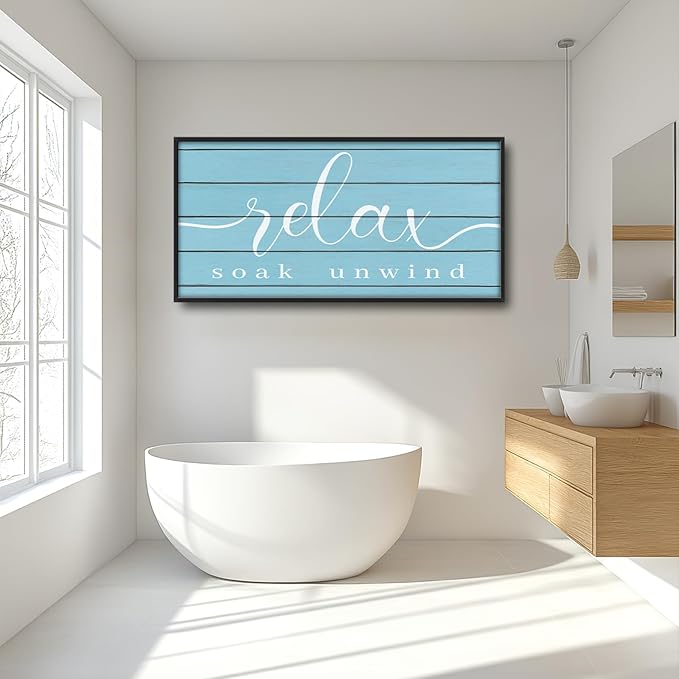 Lovira Relax Soak Unwind Large Wall Art Bathroom Blue Canvas Wall Decor Pictures Prints Painting Framed Home Artwork for Bathroom 30"x60"