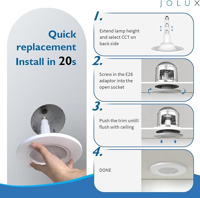 Jolux 5/6 Inch 5CCT Retrofit LED Recessed Lighting 12 Pack, Adjustable 5CCT 2700K-5000K, LED Replacement Can Lights,Dimmable,12=60W, E26 Base, Flat Trim,Easy Retrofit Downlight Installation.