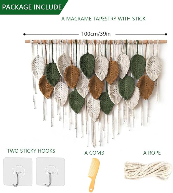 VEKALON Macrame Wall Art Tapestry - Large Boho Chic Woven Wall Hanging Decor for Bedroom, Modern Bohemian Leaf-Shaped Decorations for Office, Living Room, Bathroom(Forest Emerald)