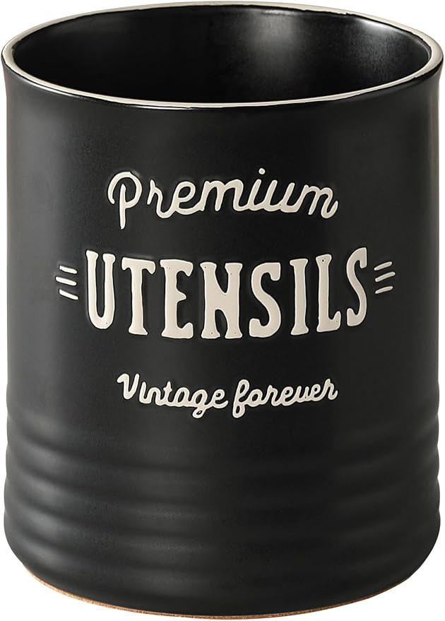 DOWAN 7.2″ Extra Large Utensil Holder, Farmhouse Utensil Holder for Kitchen Counter, Ceramic Utensil Crock with Protection Cork Mat, Utensil Storage for Kitchen Decor & Housewarming Gift, Matte Black