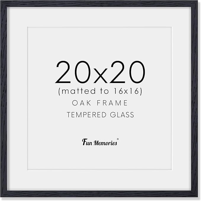 20x20 Black Picture Frame, Solid Oak Wood 20 by 20 Frame, Black Square Picture Frame 20 x 20 with mat for 16 x 16, 20x20 Wood Frame for Home Decor, 20 x 20 Poster Frame, Tempered Glass, 1 Pack