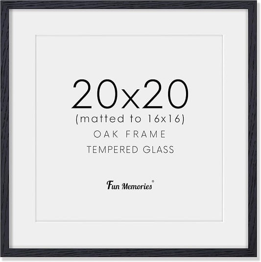 20x20 Black Picture Frame, Solid Oak Wood 20 by 20 Frame, Black Square Picture Frame 20 x 20 with mat for 16 x 16, 20x20 Wood Frame for Home Decor, 20 x 20 Poster Frame, Tempered Glass, 1 Pack