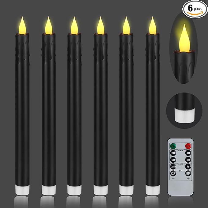 Flameless Taper Candles 10.6" Dripless Battery Operated Taper Candles Included Remote Timer 400+ Hours by 2AA Batteries for Halloween Christmas Wedding (Black, 6 Pack)