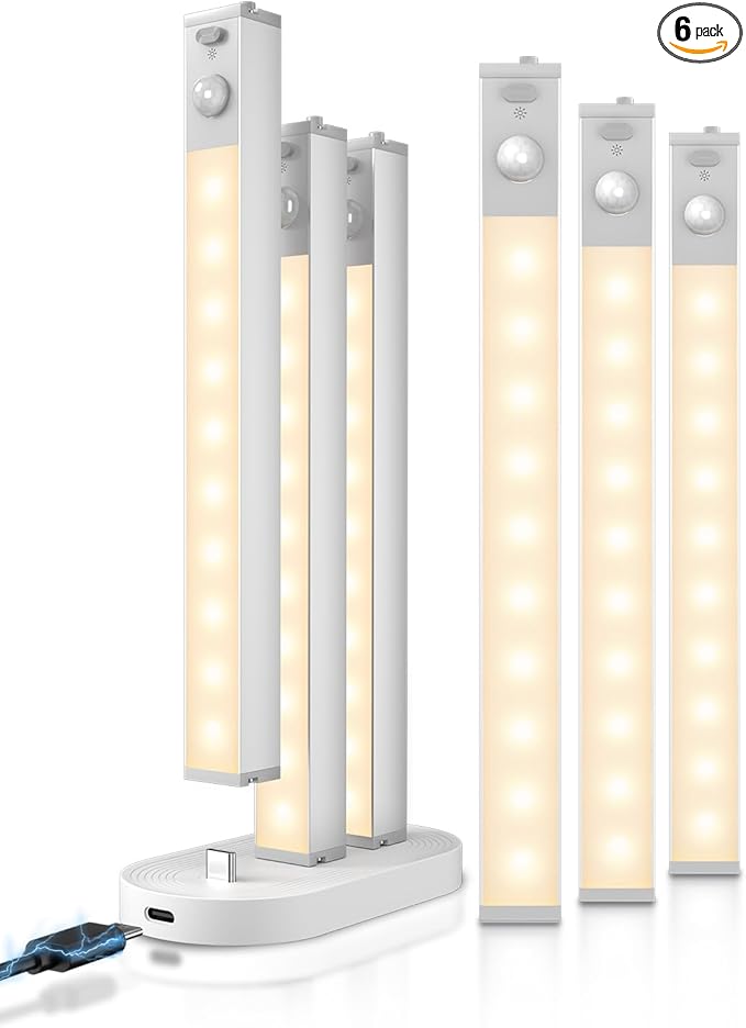 6 Pack Led Under Cabinet Lights Wireless with Charging Station, 7’’ Rechargeable Motion Sensor Light Indoor, Dimmable Closet Lights for Cabinets, Bookshelf, Stair, Hallway Warm White