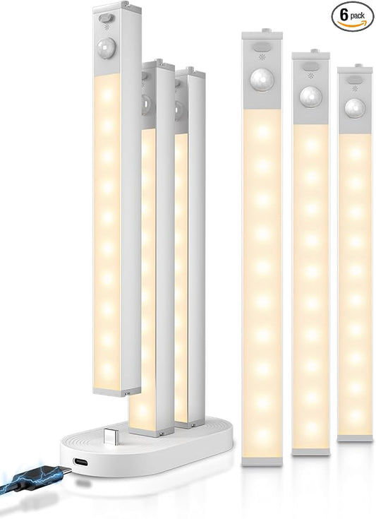 6 Pack Led Under Cabinet Lights Wireless with Charging Station, 7’’ Rechargeable Motion Sensor Light Indoor, Dimmable Closet Lights for Cabinets, Bookshelf, Stair, Hallway Warm White