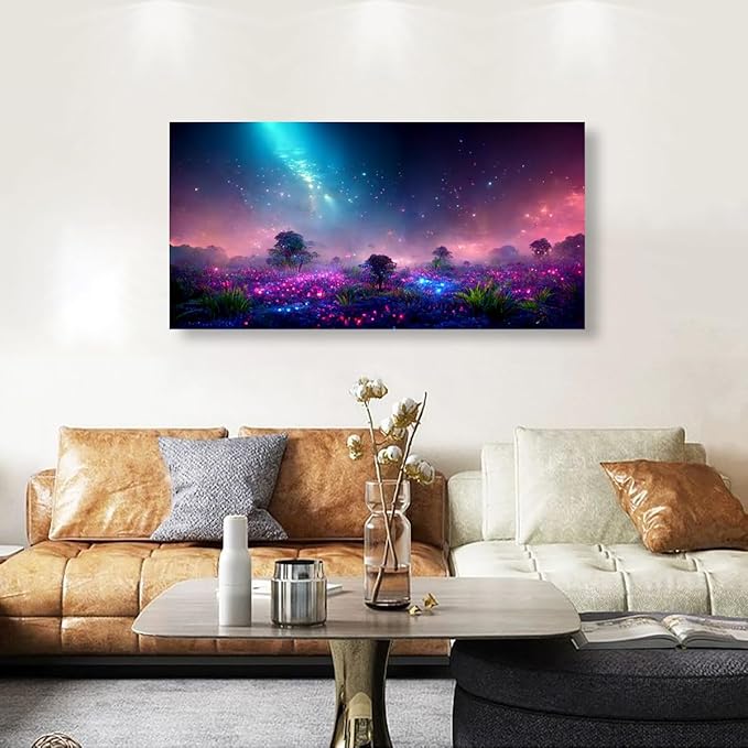 Purple Magical Wall Art Bedroom Wall Decor Living Room, Canvas Wall Art Office Farmhouse Paintings Artwork Modern Blue Starry Sky Grass Land Fantastic Wall Art Prints Pictures 20 * 40inch