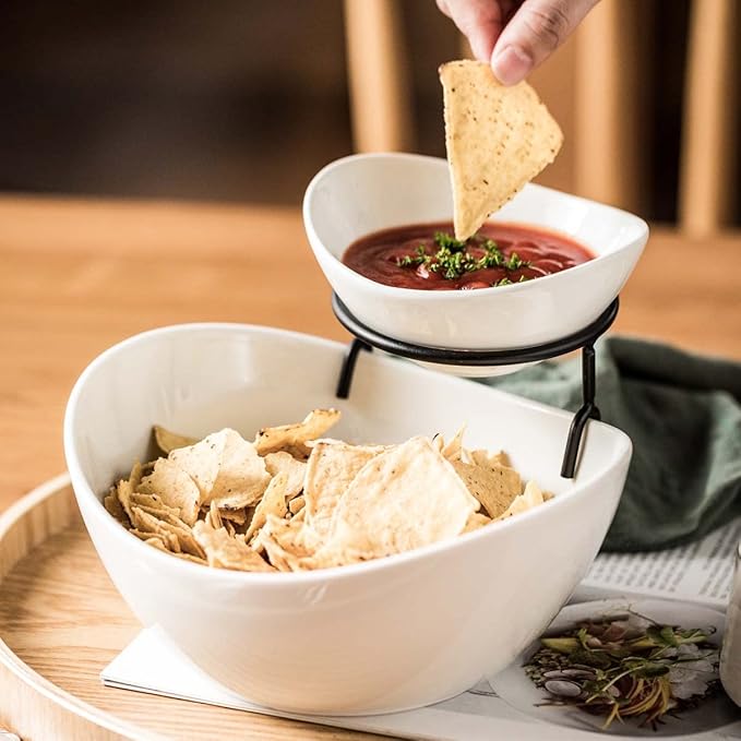 YHOSSEUN Chip and Dip Serving Set, Tiered Serving Bowl Set 2 Tier Serving Stand Ceramic Appetizer Serving Food Display Stand for Parties, Serving Dishes for Entertaining Food Service