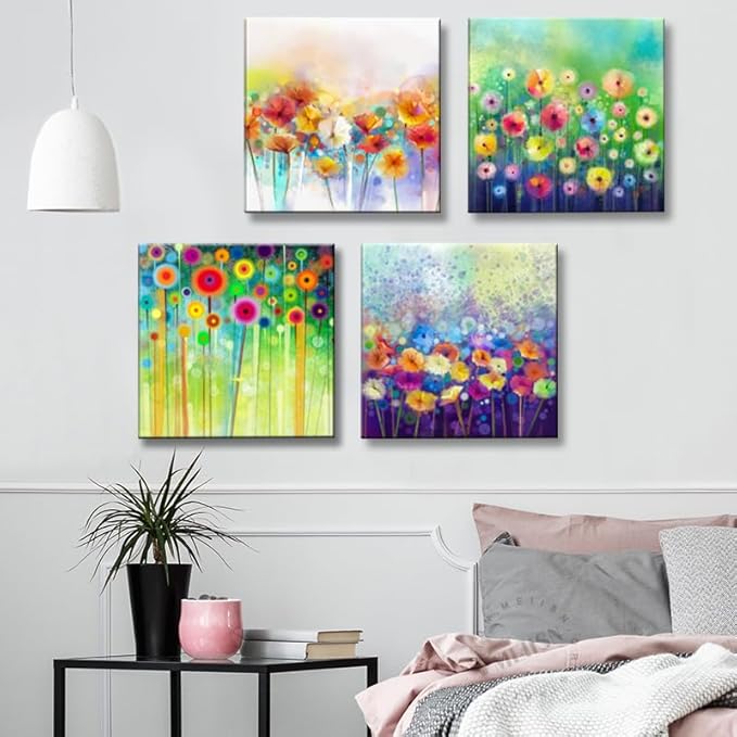 Abstract Floral Canvas Wall Art, Colorful Flowers Artwork Painting Prints Modern Watercolor Pictures Framed for Living Room Bedroom Bathroom Office Home Decor - 20"x20"x4 panel