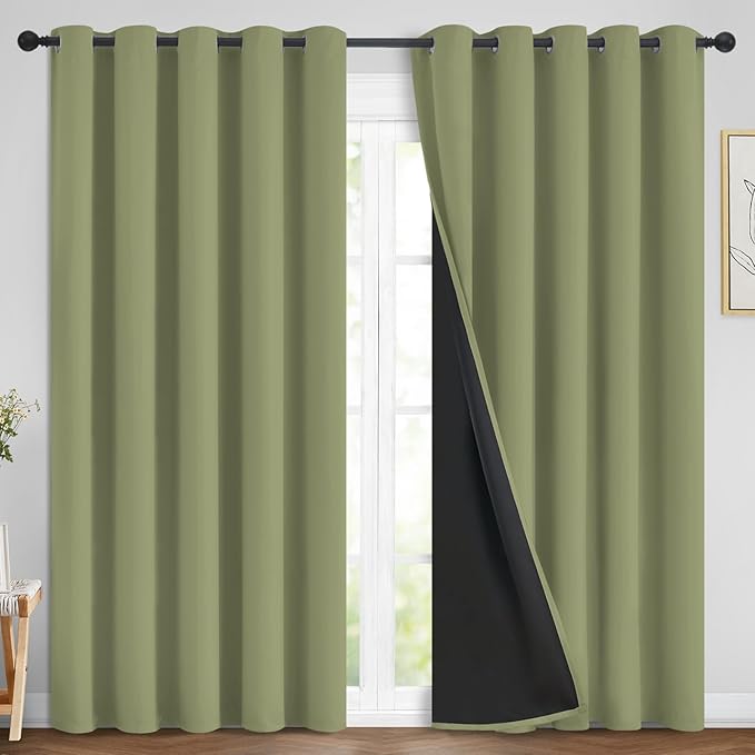 Yakamok 100% Blackout Window Curtain Panels, Heat and Full Light Blocking Drapes with Black Liner for Nursery,Thermal Insulated Draperies (Sage, 2 Pieces, 70Wx84L)