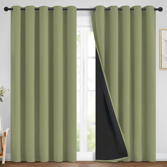 Yakamok 100% Blackout Window Curtain Panels, Heat and Full Light Blocking Drapes with Black Liner for Nursery,Thermal Insulated Draperies (Sage, 2 Pieces, 70Wx84L)