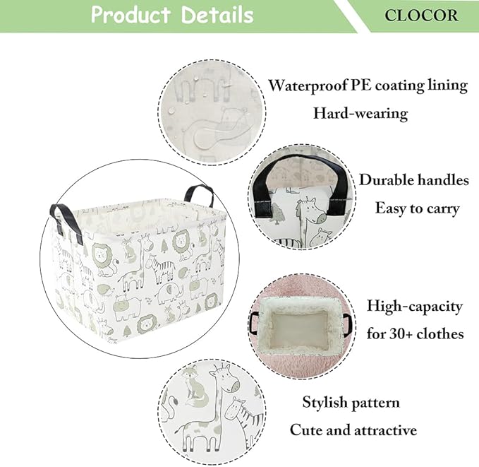 CLOCOR Rectangular Large Storage Basket,Collapsible Cute Pattern Storage Bin,Waterproof Storage Box with Handles,Gift Basket Empty,Room Decor(Green Animals)
