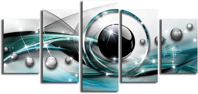 AWLXPHY Decor Abstract Canvas Wall Art Blue and Black Framed Painting for Living Room Decor Modern Simple Circle Line HD Print Artworks Giclee 5 Piece (Teal, W60'' x H30'')