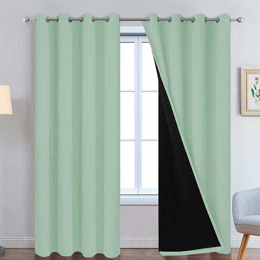 Yakamok Sage 100% Blackout Curtains, Total Blackout Lined Curtain Panels for Bedroom, 2 Thick Layers Grommet Top Thermal Insulated Blackout Drapes for Living Room(52Wx84L, Light Sage, 2 Panels)
