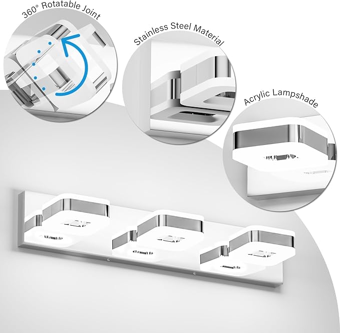 Tipace LED Modern Bathroom Vanity Light Fixtures (3-Light,23.6-Inch), Acrylic Chrome Bathroom Wall Lighting Fixtures Over Mirror (Cool White 5500K) with Rotatable Vanity Lights Heads