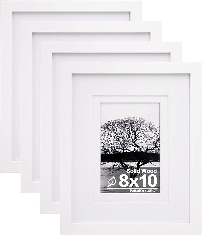 Egofine 8x10 Picture Frames Set of 4, Made of Solid Wood Covered by Plexiglass 4x6 and 5x7 with Mat or 8x10 without Mat, for Table Top Display and Wall Mounting Photo Frame White
