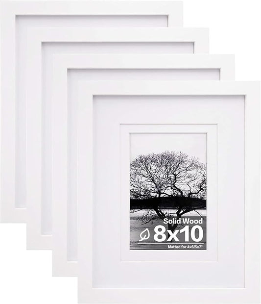 Egofine 8x10 Picture Frames Set of 4, Made of Solid Wood Covered by Plexiglass 4x6 and 5x7 with Mat or 8x10 without Mat, for Table Top Display and Wall Mounting Photo Frame White