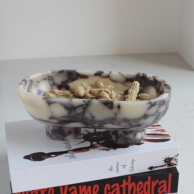 Natural Oval Calacatta Viola Marble Fruit Bowl for Kitchen Counter 10", Large Decorative Bowl Two-Legs for Home Decor, Fruits Holder For Dining Table - Kitchen Organization