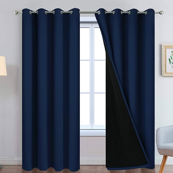 Yakamok 100% Blackout Curtains with Black Lined Thermal Insulated Room Darkening Curtains for Living Room(52Wx96L, Navy Blue, 2 Panels)