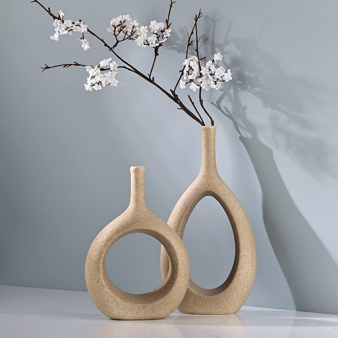 LCCCK Matte Beige Ceramic Vase, Tan Circle Vases with Hole, Neutral Rustic Centerpiece Table Decorations Flower Vase, Minimalist Vase Farmhouse Dinner Decor