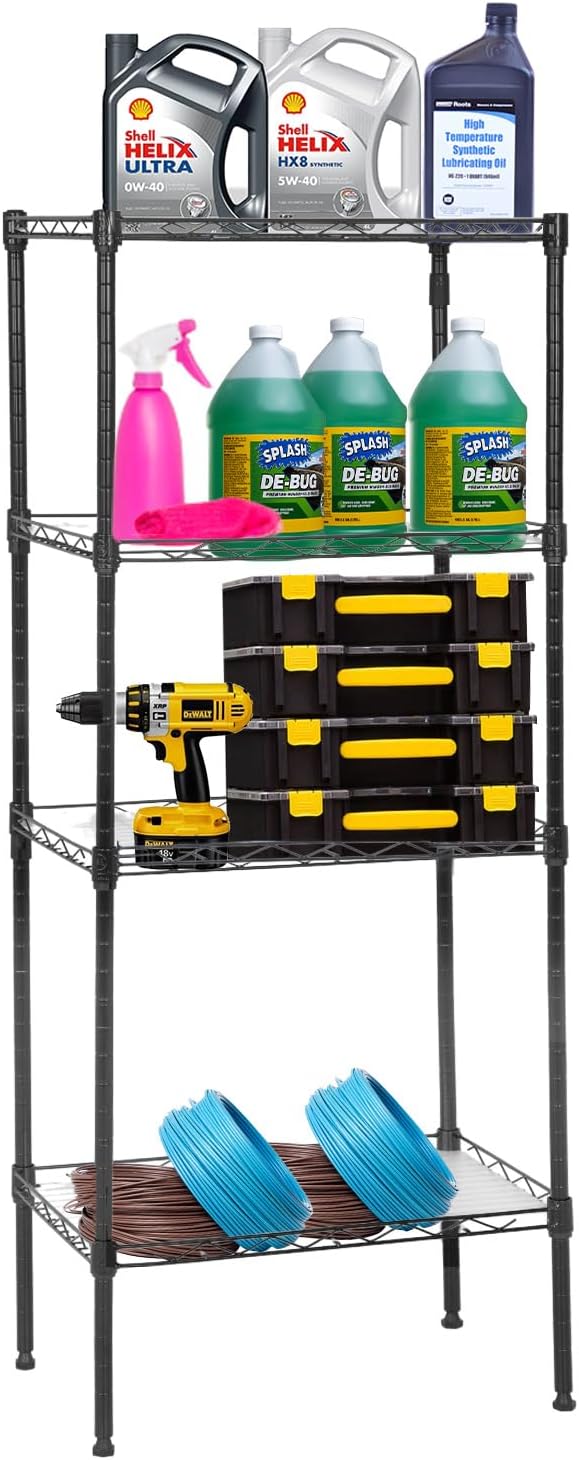 PayLessHere | 4-Tier Wire Shelf | 18"x12"x44" | Black | Adjustable Racks | Heavy-Duty Storage Shelves, Holds Upto 600 lbs | Rust-Resistant, No-Tool Assembly | for Home, Garage Shelving