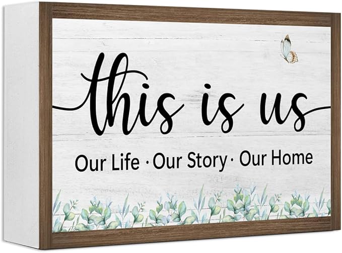 This is Us Wooden Box Sign Desk Decor,Rustic Family Saying Wood Block Sign for Home Farmhouse Bedroom Shelf Tabletop Wall Decor