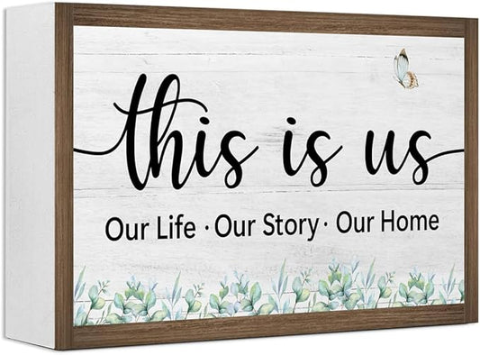 This is Us Wooden Box Sign Desk Decor,Rustic Family Saying Wood Block Sign for Home Farmhouse Bedroom Shelf Tabletop Wall Decor