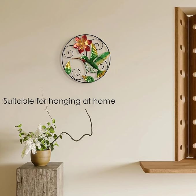 Jusimux 2 Pack the lovely Round metal/Glass Hummingbird and Flower wall Art Decor, 9.5 Inch Fence Decorations Outdoor Hanging Decor for Patio Bedroom Living Room Garden Yard