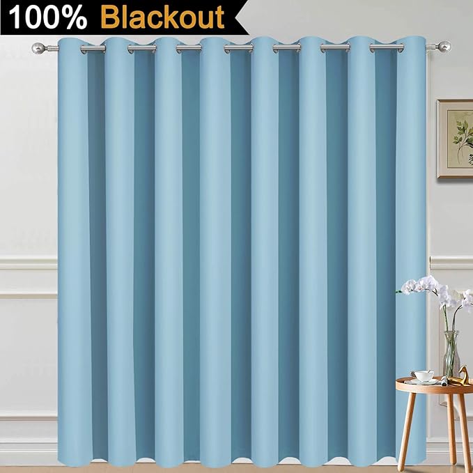 Yakamok 84 Inch Long 100% Blackout Sliding Door Curtains, Thermal Insulated Full Light Shading Sliding Door Drape Room Divider Curtain for Space Room Divider, Sky Blue, W100 x L84, 1 Panel