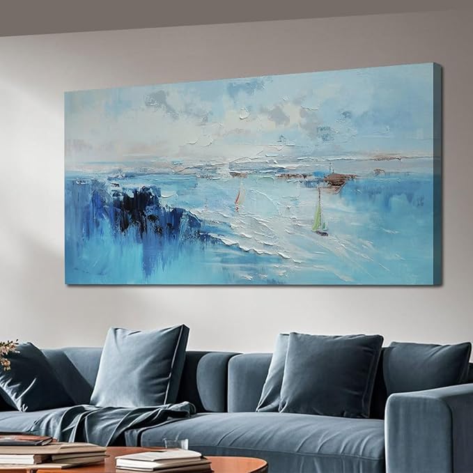 Ardemy Blue Abstract Wall Art Canvas for Living Room Coastal Sailboat Textured Bedroom Modern Teal White Artwork Framed Home Office Kitchen Dining Room Wall Decor, Large 48"x24"