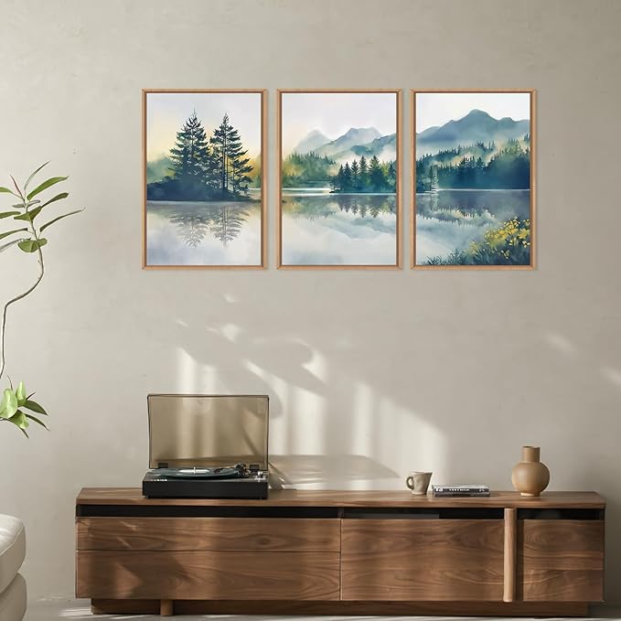 HPNIUB Large Green Mountain Framed Canvas Wall Art Set, Nature Foggy Forest Lake Reflection Wall Decor,Modern Pine Tree Artwork,Watercolor Landscape Art Print for Living Room,Bedroom,Office-24 x36 x3