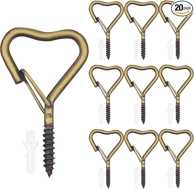Lamp Wire Hook，Heart-Shaped Screw-in Wall Hooks for Outdoor Decor, Champagne Metal, Key Hook，Decorative Plant Hanging，Clothes Hook (Bronze, 10Pcs)
