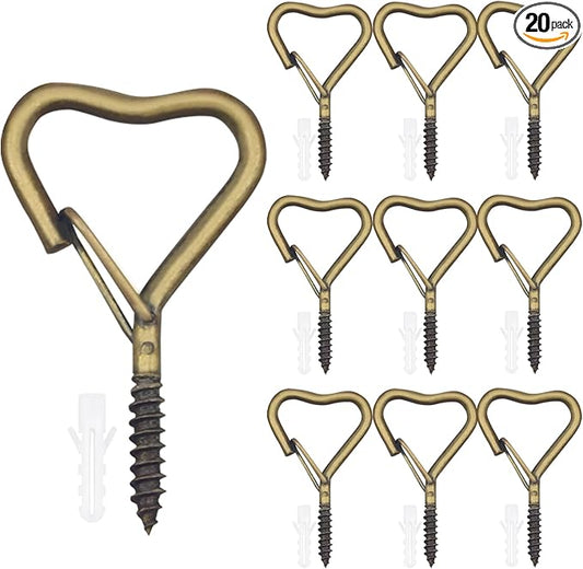 Lamp Wire Hook，Heart-Shaped Screw-in Wall Hooks for Outdoor Decor, Champagne Metal, Key Hook，Decorative Plant Hanging，Clothes Hook (Bronze, 10Pcs)