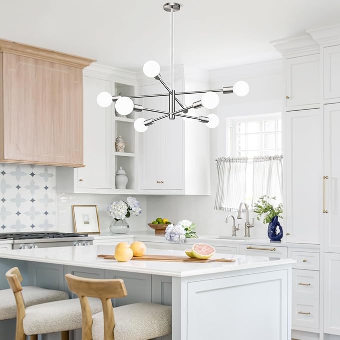 Sputnik Chandeliers Dining Room Light Fixture (8-Light, 30-Inch), Modern Nickel Chandelier, Height Adjustable Mid Century Modern Chandeliers for Dining Room Kitchen Island