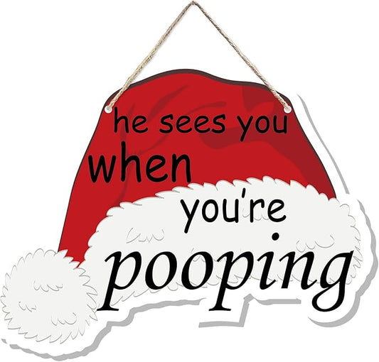 Funny Christmas Wooden Sign, Novelty Humor Xmas Hanging Sign Wall Decor for Guest Bathroom Toilet, Christmas Bathroom Home Door Decor 12 x 6 Inch