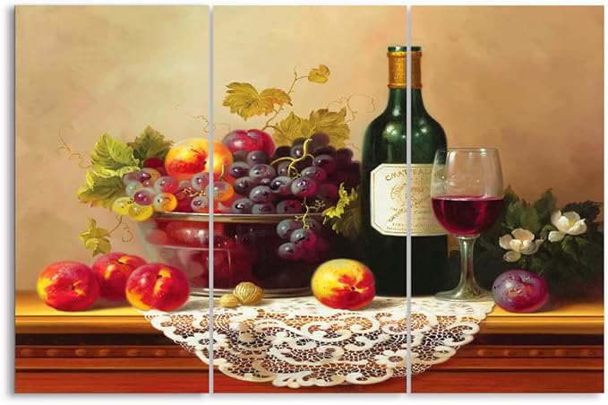 Retro Wine Pictures for Kitchen, PIY Vibrant Fruits Wall Art for Dining Room, Canvas Prints Oil Painting Reproduction of Vintage (Waterproof Artwork, Ready to Hang, 16x32x3 Extra Large)