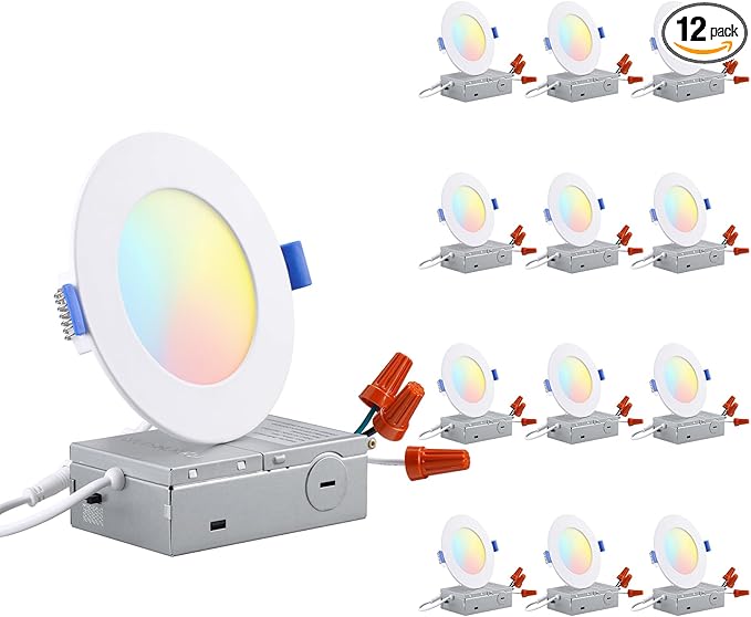 TORCHSTAR 12-Pack 5CCT 4 Inch Ultra-Thin LED Recessed Lighting with Junction Box, CRI90, Aluminum, 2700K3000K3500K4000K5000K, 5%-100% Dimmable Slim Recessed Downlight, 9W 810LM, ETL & ES