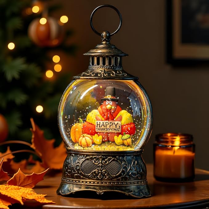 Fall Decor Turkeys Snow Globe Lantern, Thanksgiving Decoration Indoor Tabletop Centerpiece, Swirling Glitter Pumpkins Snow Globe with Turkey, Harvest Day Gifts, Home Fall Halloween Decor