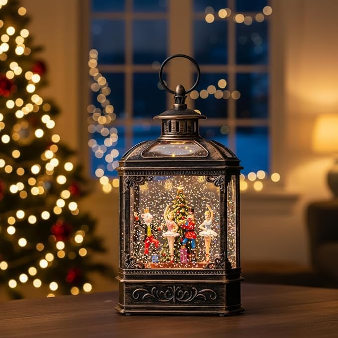 Christmas Snow Globe Lantern Water Glittering Nutcracker Ballet Stage with Music & Timer, USB Lined/Battery Operated Lighted Lantern for Christmas Festival Decoration Gifts