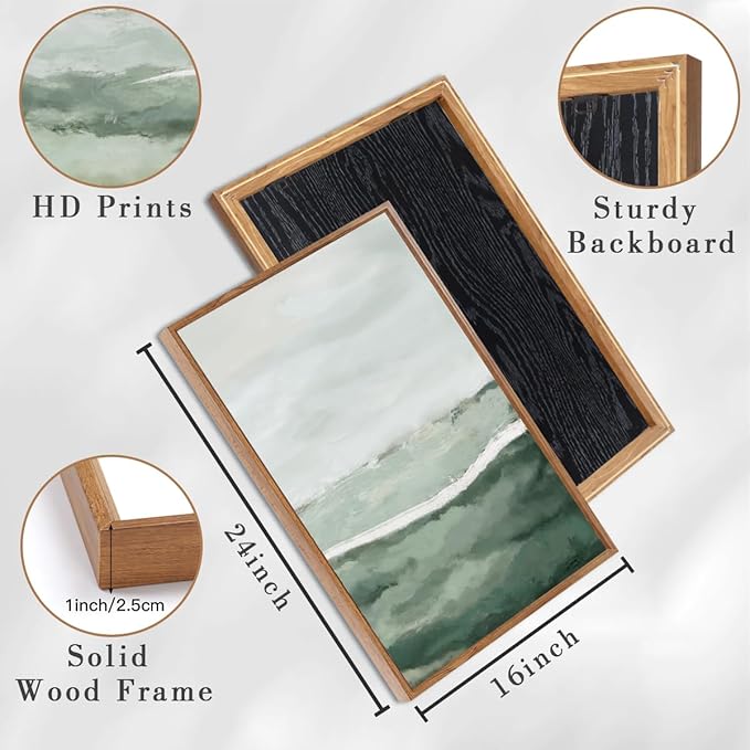 ANHUIB Green Wall Art 16x24 Inch Large Canvas Wall Art Abstract Watercolor Wall Decor Misty Landscape Art Prints Framed Neutral Paintings Set of 3 for Living Room Bedroom Ofice