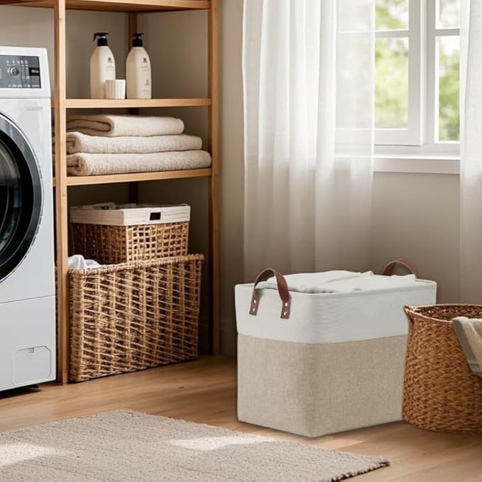 DECOMOMO Fabric Storage Basket Large Closet Storage Bins for Toys Nursery & Laundry Storage (Beige & White, XXL - 3 Pack)