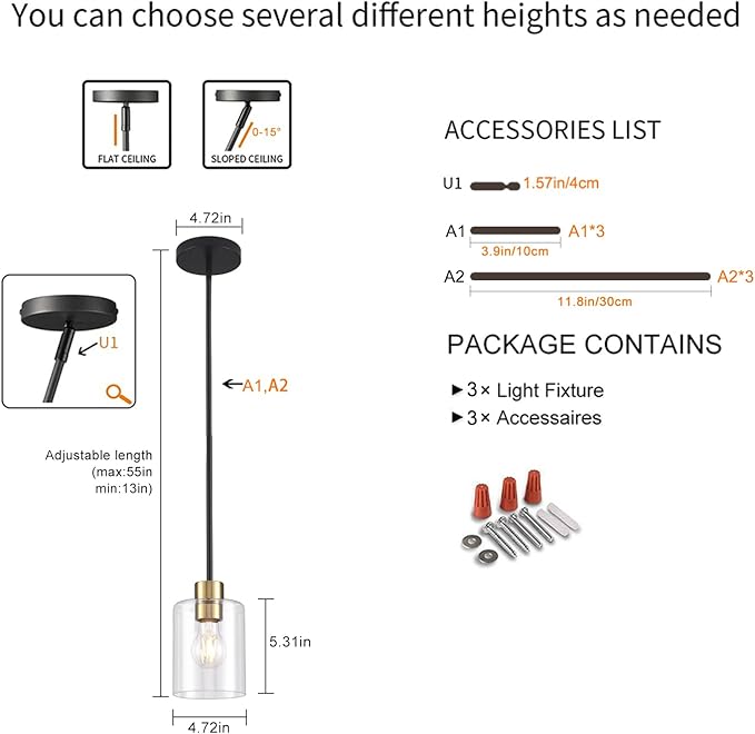 Black Brass Pendant Lights Kitchen Island - Clear Glass Pendant Light Fixture Multiple Stems Rods 3 Units 12 Inch 3 Units 4 Inch (3 Pack Black Brass Downrod)