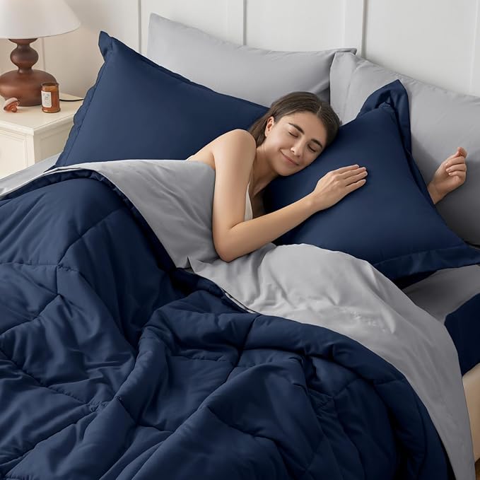 JOLLYVOGUE Twin Comforter Set, Ultra-Soft Bed in a Bag Twin Size 5 Pieces, Oeko-TEX Certified Bedding Set with Down Alternative Comforter, Sheets, Pillowcases & Shams, Navy Blue & Light Grey