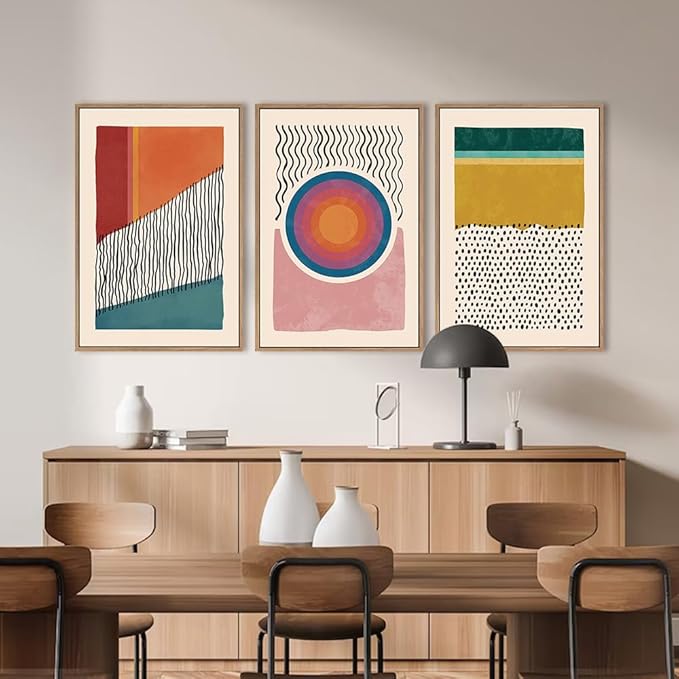 HPINUB Boho Framed Canvas Prints Wall Art Set, Mid-Century Abstract Color Block Shape Wall Decor, Geometric Illustrations Art Photos for Living Room, Bedroom, Dining Room, Office, Bathroom-24 x36 x3