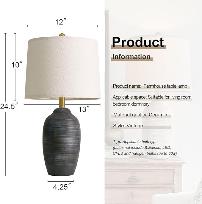 24.5" Vintage Ceramic Table Lamp - Single Farmhouse Rustic Bedside Lamp with Natural Textured Finish, Nightstand Lamps for Living Room, Bedroom, End Table, Office Retro Black