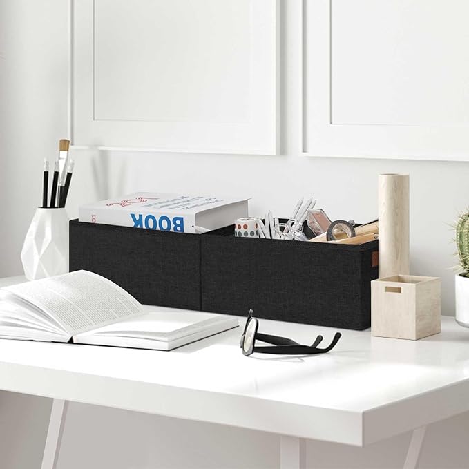 GhvyenntteS Small Fabric Storage Bins 12 Pack, 11.8" x 7.87" x 5.11" Storage Basket with Leather Handles, Closet Storage Bins for Shelves, Storage Baskets for Shelves, DVD Storage (Black)