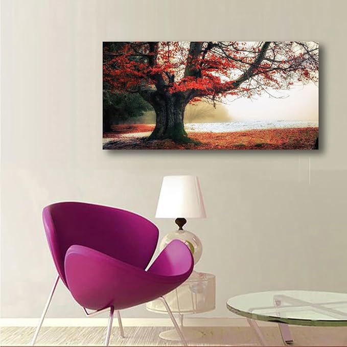 Stunning Nature Landscape Wall Art - 24x48 inches Canvas Artwork of Sunrise Forest Scenery with Red Leaves. Perfect Wall Decoration for Living Room, Bedroom and More