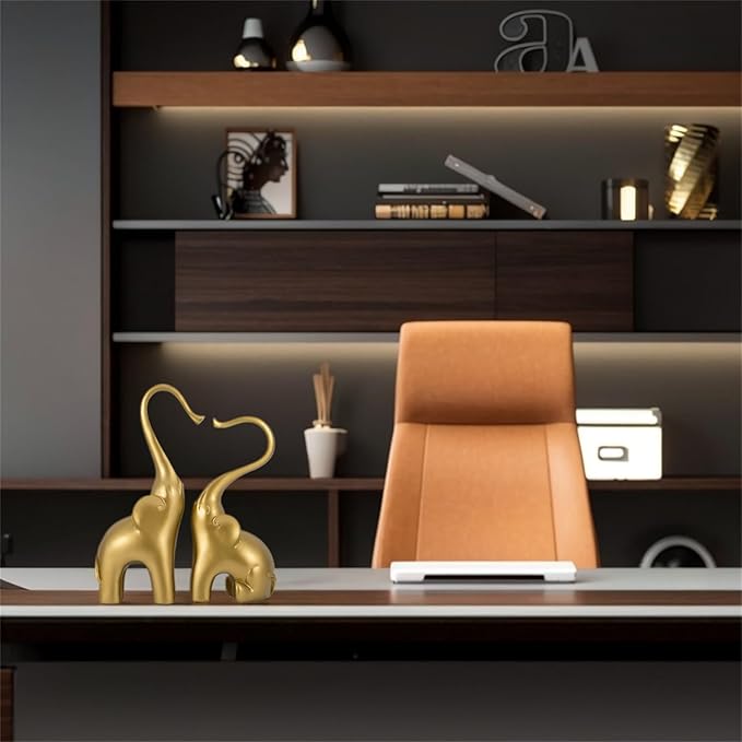 Loving Elephant Statues Home Decor, Small Elephant Figurines in Love for Women, Elephant Sculpture Heart Decorative Objects for Bookshelf Decor (Gold)